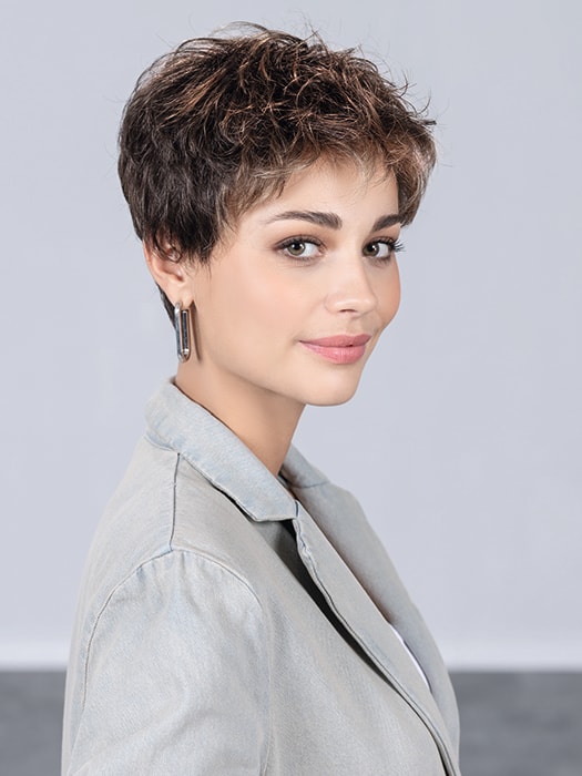 Wig style — short pixie cut with warm brown highlights